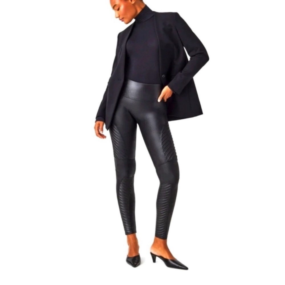 SPANX Faux Leather Moto Leggings Black High Rise Shaping Size Medium